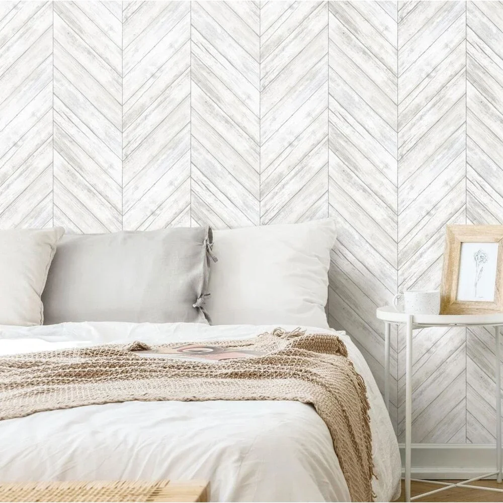 RoomMates Peel & Stick Wallpaper Herringbone Wood Shiplap Boards Chevron White